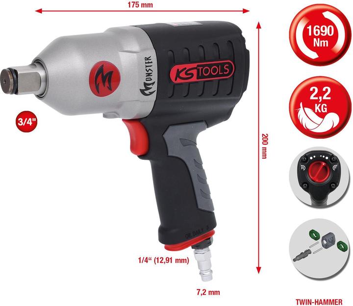 Immagine prodotto KS Tools Avvitatore ad aria compressa ad alte prestazioni 3/4" MONSTER, 1690 Nm, 88 dbA (Aria compressa)