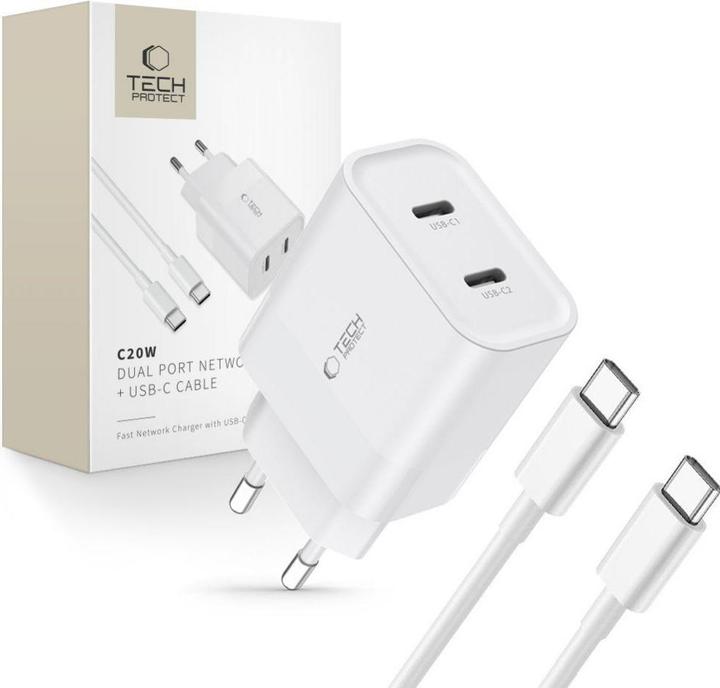 Tech-Protect C20W 2x USB-C PD 20W network charger with USB-C / USB-C cable - white (20 W)