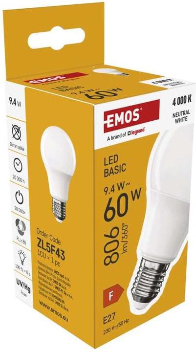 Produktbild Emos LED Lampe Basic A60 / E27 / 9,4 W (60 W) / 806 lm / Neutral Weiss (E27, 9.40 W, 806 lm, 1 x, F)