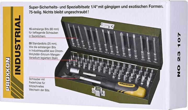 Produktbild Proxxon Super-Sicherheits- und Spezialbitsatz (Tri-Wing M3, Tri-Wing M4, Tri-Wing M5, Kreuz Phillips PH M0, Kreuz Pozidriv PZ M1, Innensechsrund TX M8, Innensechsrund TX M10, Innensechsrund TX M15, Innensechsrund TX M20, Innensechsrund TX M30, Tri-Wing M2, Kreuz Phillips PH M1, Kreuz Phillips PH M2, Innensechsrund TX M5, Innensechsrund TX M6)