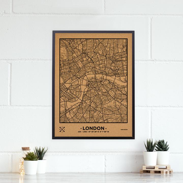 Image du produit Miss wood Woody Map Plan de ville - Londres - L- Noir - Cadre noir (Tableau d'affichage, 60 x 45 cm)