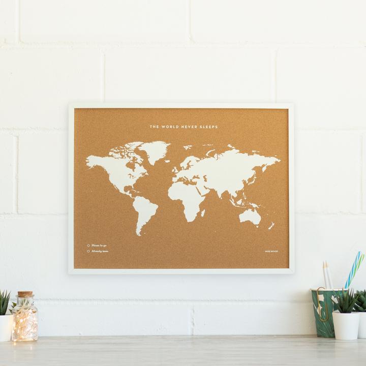 Woody Map Weltkarte Fluor Edition - L - weisser Rahmen (Pinnwand, Weltkarte, 60 x 45 cm)