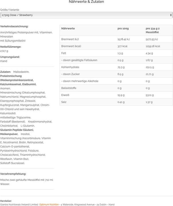 Nährwerte und Zutaten Optimum Nutrition Serious Mass (Erdbeere, 1 Stk., 2722 g)