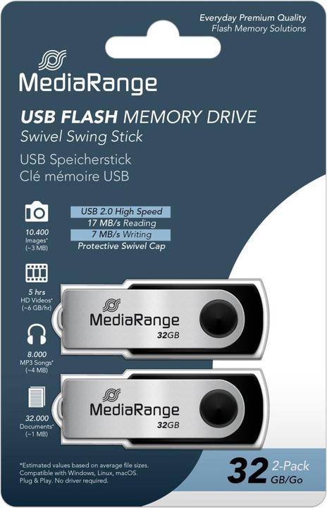 Actual product image MediaRange ge USB memory stick, 32GB 32GB, pack of 2 (32 GB, USB-A, USB 2.0)