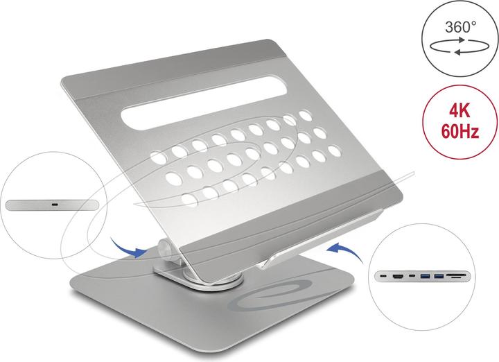 Produktbild Delock Tablet und Notebook Ständer mit eingebauter Dockingstation 4K - HDMI / Kartenleser / Hub / PD (USB-C, 6 Ports)