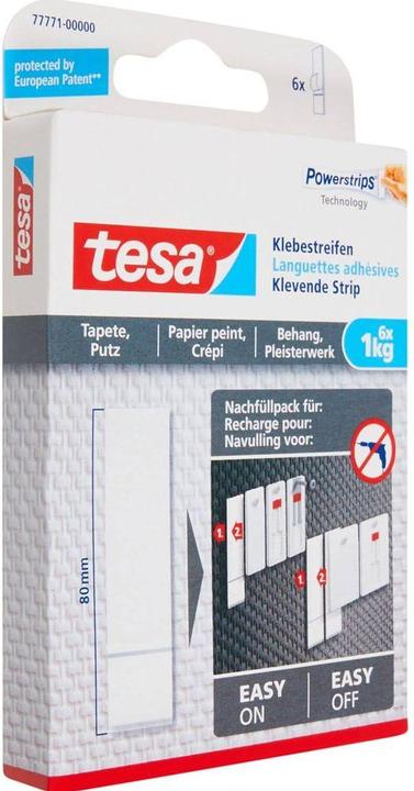 Produktbild tesa Powerstrips für Tapete & Putz, 1kg Halteleistung, 6x doppelseitige Klebestreifen