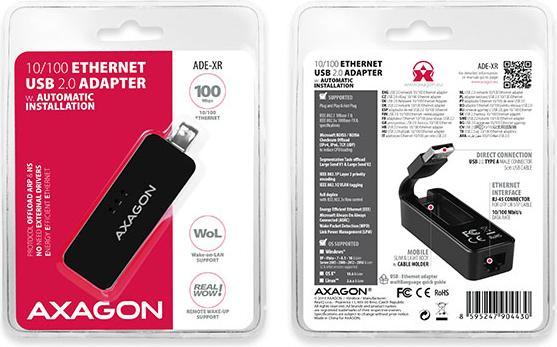 Produktbild Axagon ADE-XR Fast Ethernet 10/100 Adapter - USB 2.0 Typ A (USB 2.0, RJ45 (1x))