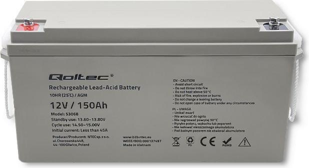 Produktbild Qoltec AGM-Batterie | 12V | 150Ah | max. 2250A (12 V, 150 Ah)