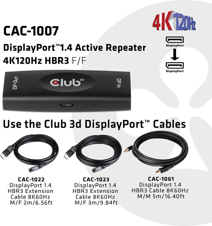 Produktbild Club 3D DisplayPort 1.4 Active Repeater (USB 2.0, 2.50 cm)