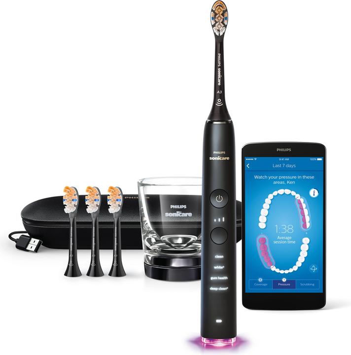 1x charging glass, 1x USB travel charging case, 4x All-in-One Premium brush head, 1x DiamondClean Smart electric toothbrush