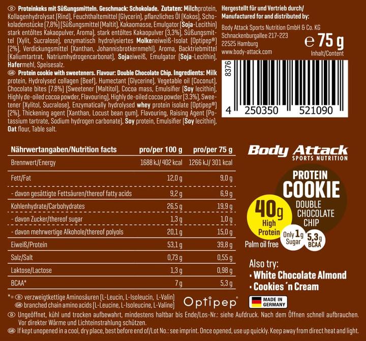 Valori nutrizionali e ingredienti Body Attack Biscotto proteico (75g) (Doppio Chip al Cioccolato, Cioccolato bianco, 1 pz., 75 g)