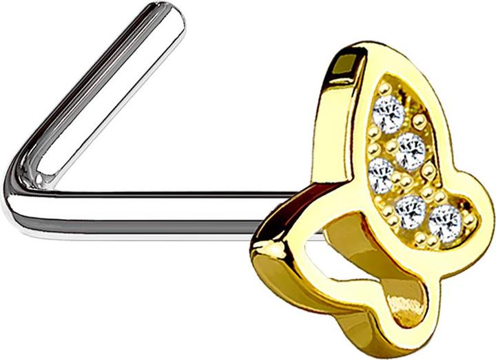 Produktbild Star Piercing Nasenstecker gewinkelt vergoldet mit Schmetterling und Kristall (Messing, Chirurgenstahl 316L)