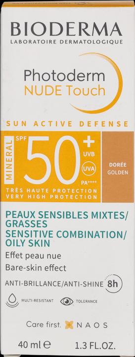 Image du produit Bioderma Photoderm Nude Touch Mineral SPF50+ dorée (Crème solaire visage, SPF 50+, 40 ml)