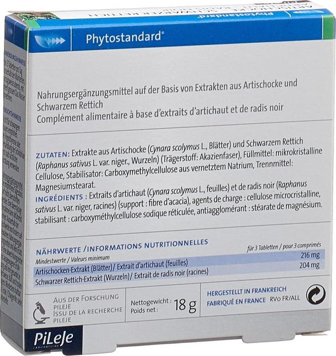 Valeurs nutritives et ingrédients Phytostandarts Artichaut - Radis noir en comprimé (30 pièce(s), Cachets, 35 g)