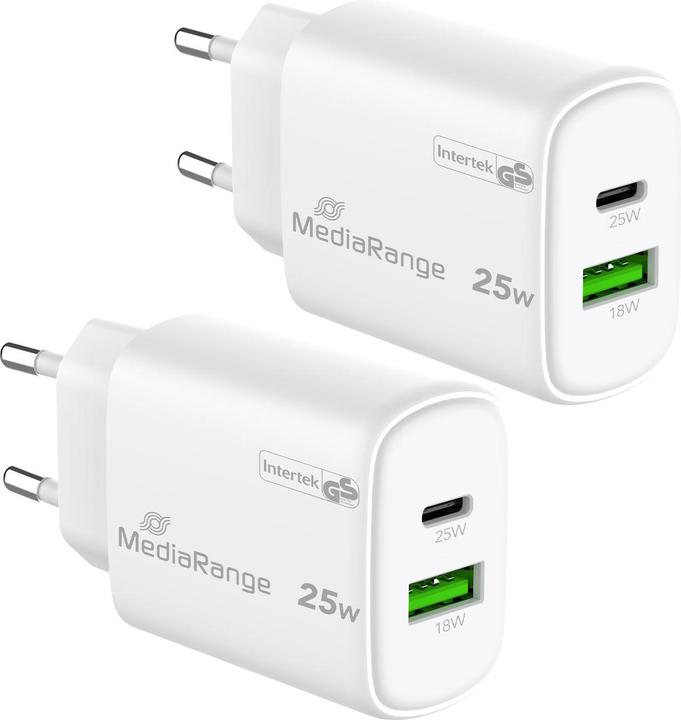 Actual product image MediaRange Dual fast charging adapter, GaN, 1x USB-C and USB-A, PD & QC, 25 watts, set of 2 (25 W)