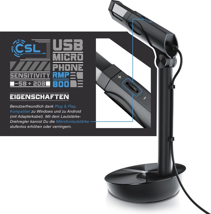 Produktbild CSL Streaming Mikrofon, USB Desktop Mikro mit Windschutz RMP 800 Tischmikrofon / Standmikrofon