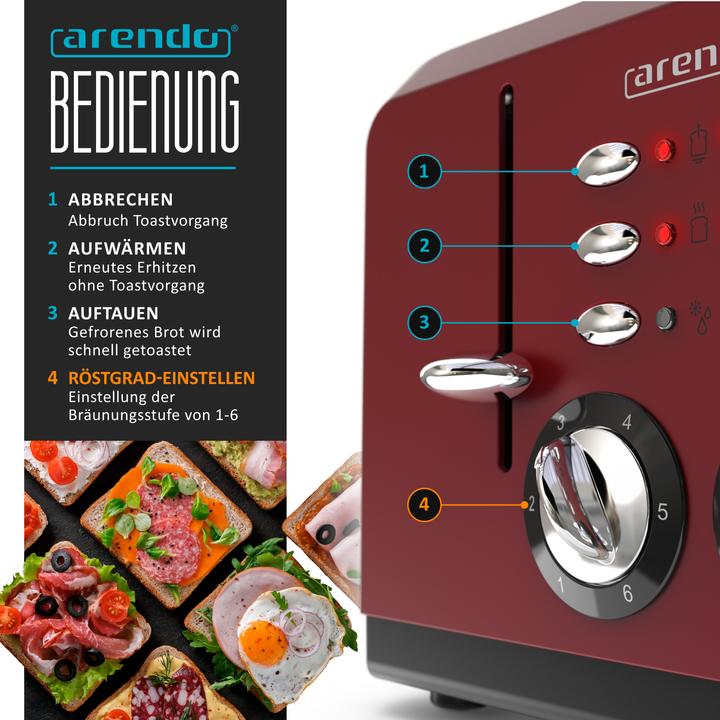Produktbild Arendo Edelstahl Toaster 4 Scheiben, Automatik, Edelstahl, Wärmeisolierendes Doppelwandgehäuse, rot