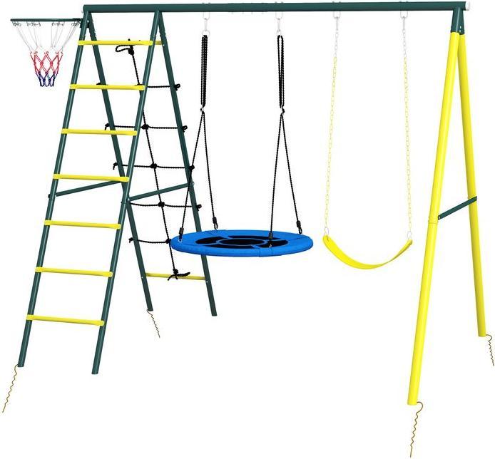 Swisshandel24 Balançoire pour enfants 4in1 avec 2 balançoires, panier de basket, échelle, acier, jaune
