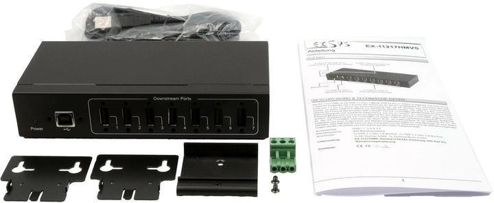 Image du produit Exsys Hub métallique 7 ports USB 2.0, pour montage sur table, mural ou sur rail DIN, USB 2.0 inclus (USB-B, 7 Ports)
