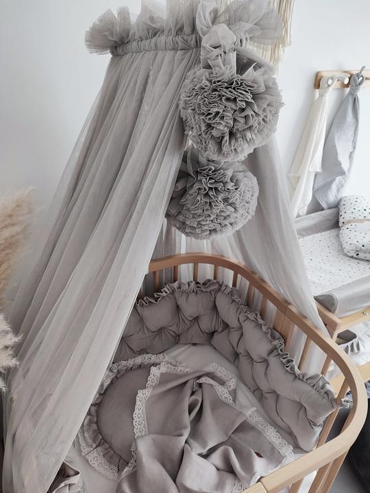 Actual product image Baby-Nest Grey tulle bed canopy with 2 pompoms