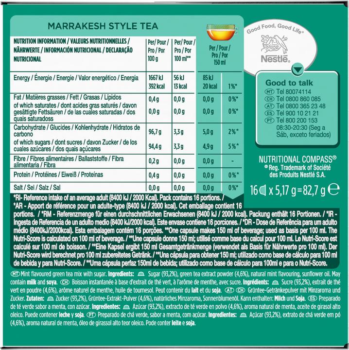Valeurs nutritives et ingrédients Nescafé Dolce Gusto Marrakesh Style Tea (116 g)