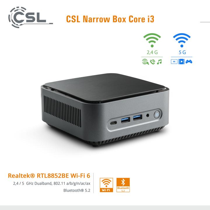 Immagine prodotto CSL Mini PC Narrow Box Core i3 / 16GB / 4000 GB M.2 SSD / Win 11 Home (Intel Core i3-N305, 16 GB, 4000 GB, Grafica Intel UHD)