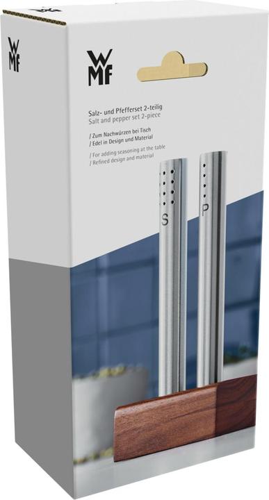 Immagine prodotto WMF Set saliera e pepiera 3 pezzi Cromargan in acciaio inox finitura opaca con supporto in legno (Sale, Pepe)