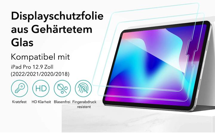 Produktbild ESR Tempered-Glass Displayschutz (1 Stück, iPad Pro 12.9 2020 (4. Gen), iPad Pro 12.9 2022 (6. Gen), iPad Pro 12.9 2021 (5. Gen), iPad Pro 12.9 2018 (3. Gen))