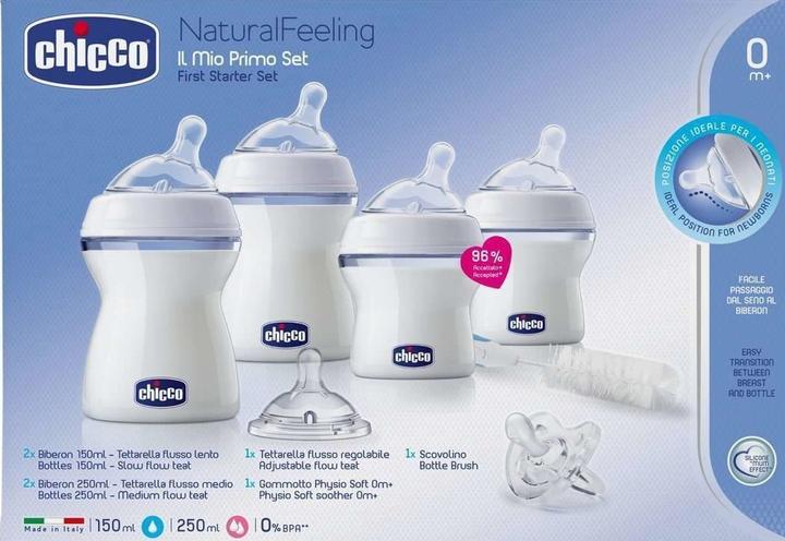 Immagine prodotto Chicco Starter Set NATURAL FEELING 2x150ml 2x250ml 1 tétine 1 Physioforma Soft 1 set di guanti UNI 0m+ (300 ml)