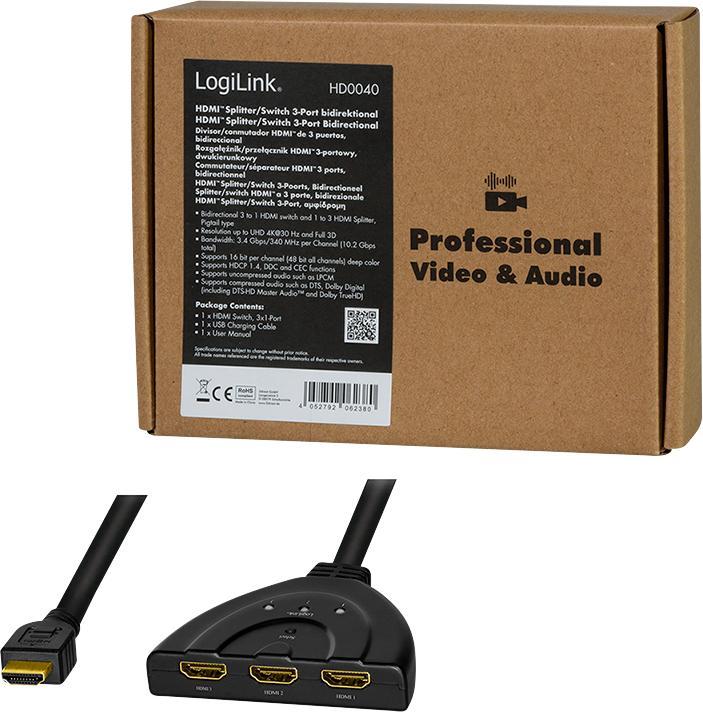 Immagine prodotto LogiLink HD0040 Splitter HDMI 1x3/3x1-Porta, 4K/30 Hz, CEC, bidirezionale, pigtail