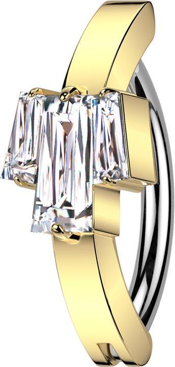 Image du produit Star Piercing Banane pliable bouclier doré trois baguettes cristal argenté (Laiton, Acier chirurgical 316L)