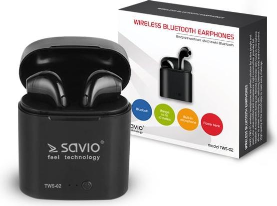 Produktbild Savio TWS-02 Kabellose Bluetooth-Kopfhörer Schwarz (keine Geräuschunterdrückung, 100 h, Kabellos)