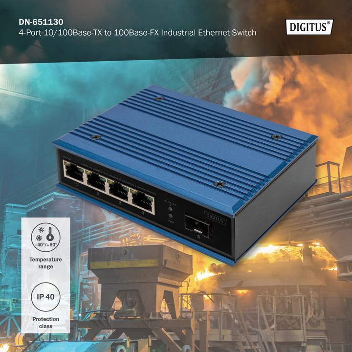 Actual product image Digitus 4-Port 10/100Base-TX to 100Base-FX Industrial Ethernet Switch (4 Ports)