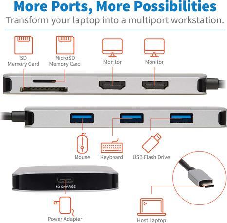 Actual product image Eaton USB-C Dock Dual Display - 4K 60Hz HDMI USB 3.2 Gen 1 USB-A Hub Memory Card 100W PD C (USB-C, 2 Ports)