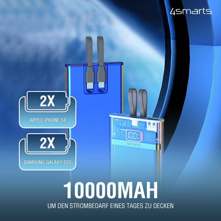 Produktbild 4smarts Powerbank Lucid Dual Cord 10000 mAh (10000 mAh, 22.50 W, 37 Wh)