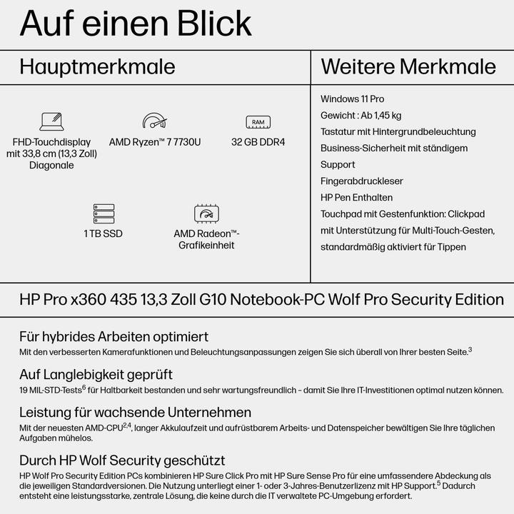 Image du produit HP ProBook x360 435 G10 (13.30", AMD Ryzen 7 7730U, 32 Go, 1000 Go, DE)