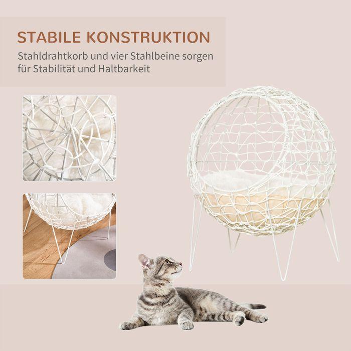 Produktbild Swisshandel24 Rattan Katzenkorb Katzenhöhle Katzenhütte Katzenbett mit Kissen erhöhtes Design Haustierbett Cremewe (Katze)