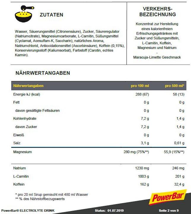 Valeurs nutritives et ingrédients Powerbar Boisson Electrolyte (1000ml) (Fruit de la passion-Lime, 1 x)