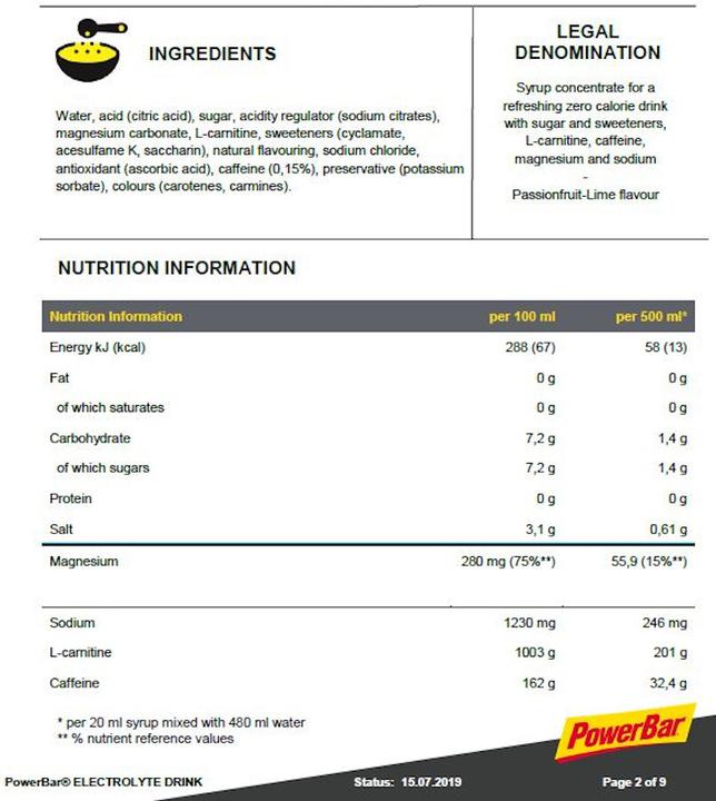 Valeurs nutritives et ingrédients Powerbar Boisson Electrolyte (1000ml) (Fruit de la passion-Lime, 1 x)