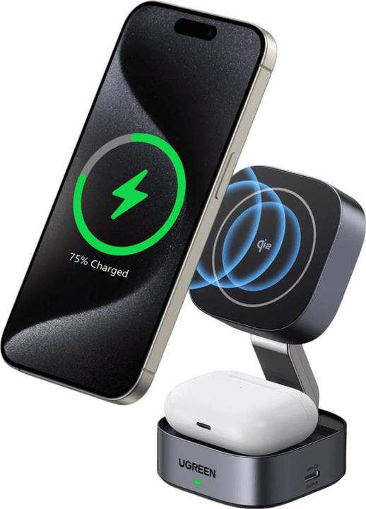 Actual product image Ugreen W702 3in1 inductive charger with MagSafe / Qi2 and USB-C port for phone / headphones - black (15 W)