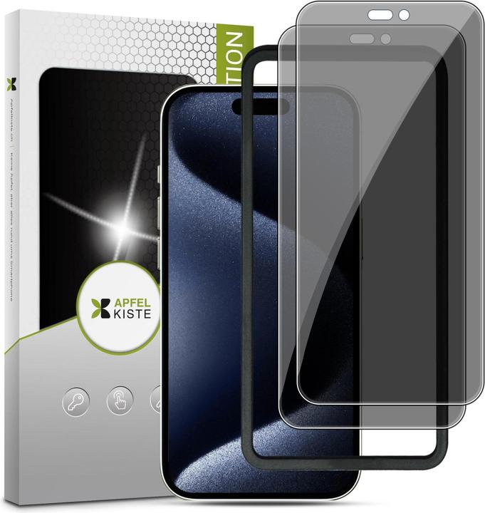 Image du produit Apfelkiste - Privacy Panzer Glas Displayschutzfolie mit Montagerahmen (2er Set) (2 pièce(s), Apple iPhone 15 Pro)