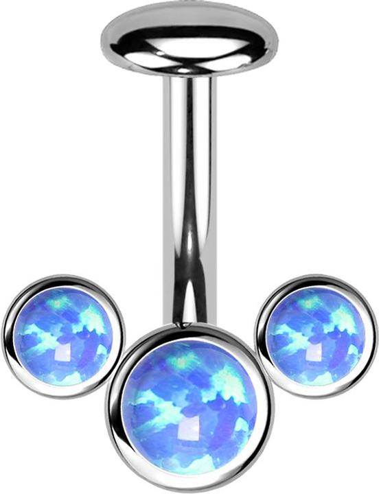 Star Piercing Threadless Labret-Stab Banane silber front drei Opale blau (Titan G23)