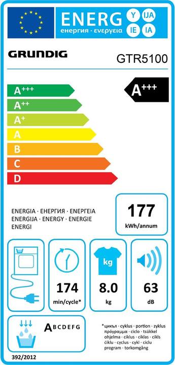 Etichetta energetica Grundig Asciugatrice GTR5100, 8kg, A+++, bianco (8 kg)