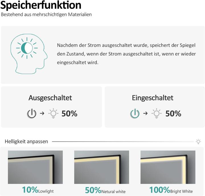Produktbild Emke Badspiegel mit Beleuchtung 100*70cm,Beschlagfrei, Temperatur und Uhr Kaltweiss(6500K), Dimmbar (100 x 70 cm)