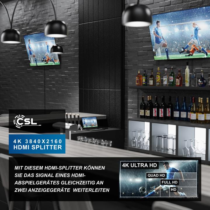 Actual product image CSL HDMI splitter, mini 4K UHD 2-port splitter 1x HDMI input to 2x HDMI output, Ultra HD 2160p