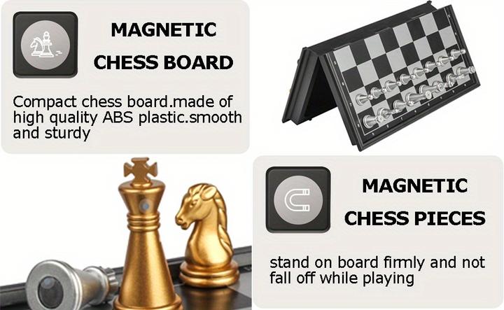 Image du produit PhoneLook Mini jeu d'échecs magnétique pliable portable (12 cm) idéal pour les voyages avec pièces dorées et a