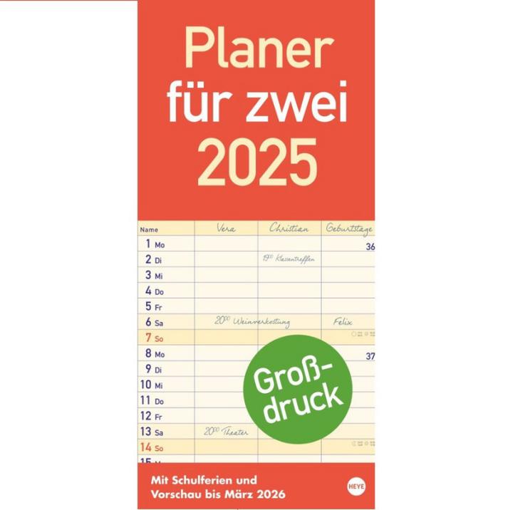 Grossdruck Planer für zwei 2025 (21 x 45 cm, Harter Einband, Deutsch)
