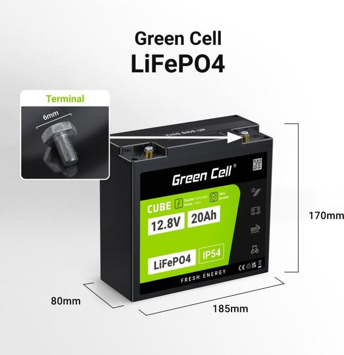 Image du produit GreenCell Green Cell CUBE LiFePO4 battery 20Ah 12.8V 256Wh lithium iron phosphate battery for tractor, lawn mo (12.80 V, 20 Ah)