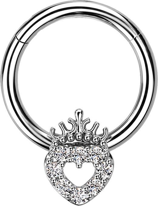Star Piercing Micro Segmentring klappbar silber Herz mit Kristallen silber und Krone (Messing, Chirurgenstahl 316L)