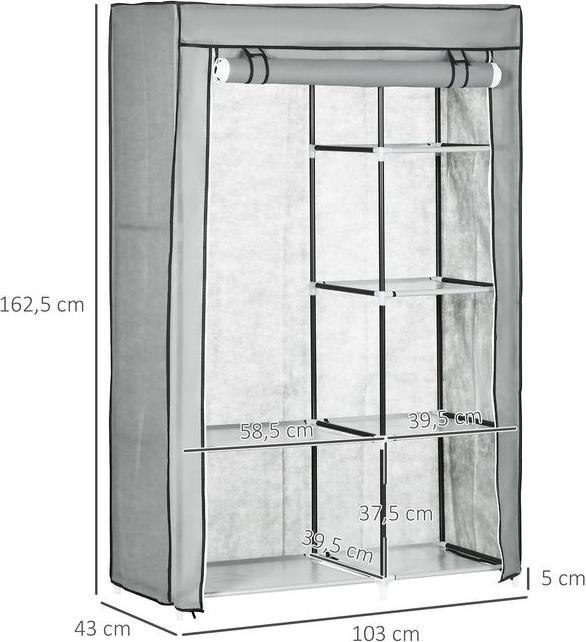 Actual product image Swisshandel24 Wardrobe Fabric wardrobe with clothes rail, 6 compartments, Foldable wardrobe in fleece look (103 x 43 x 162.5 cm)